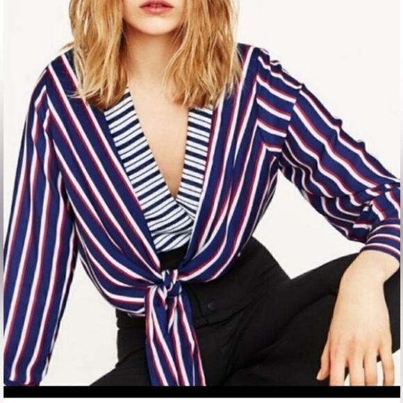 Zara Striped Long Sleeve Front Tie V Cut Bodysuit Blogger Favorite - Picture 1 of 8